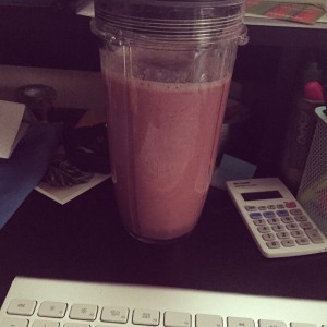 I decided to go with a very simple smoothie this morning--frozen strawberries, bananas, and almond milk. I put a little too much milk, but it's still good. #NinjaDuo
